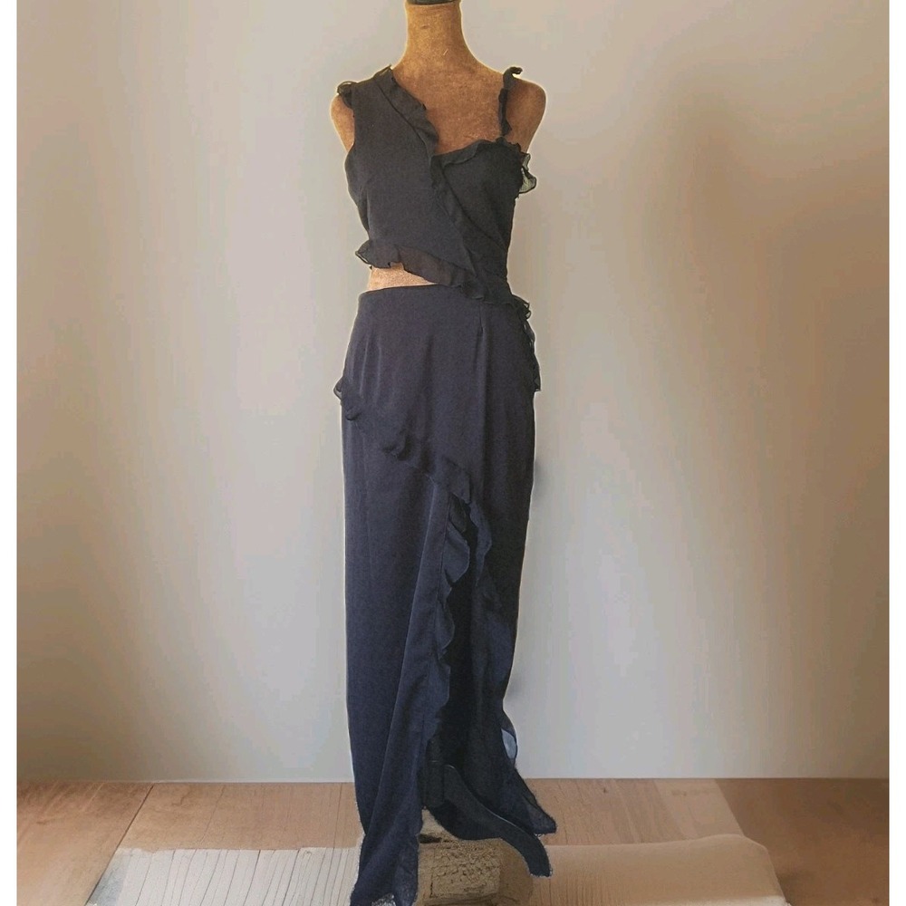 NWT PrettyLittleThing Dress Size 4 Black Ruffled Slit Chiffon Cut‎ Out Party